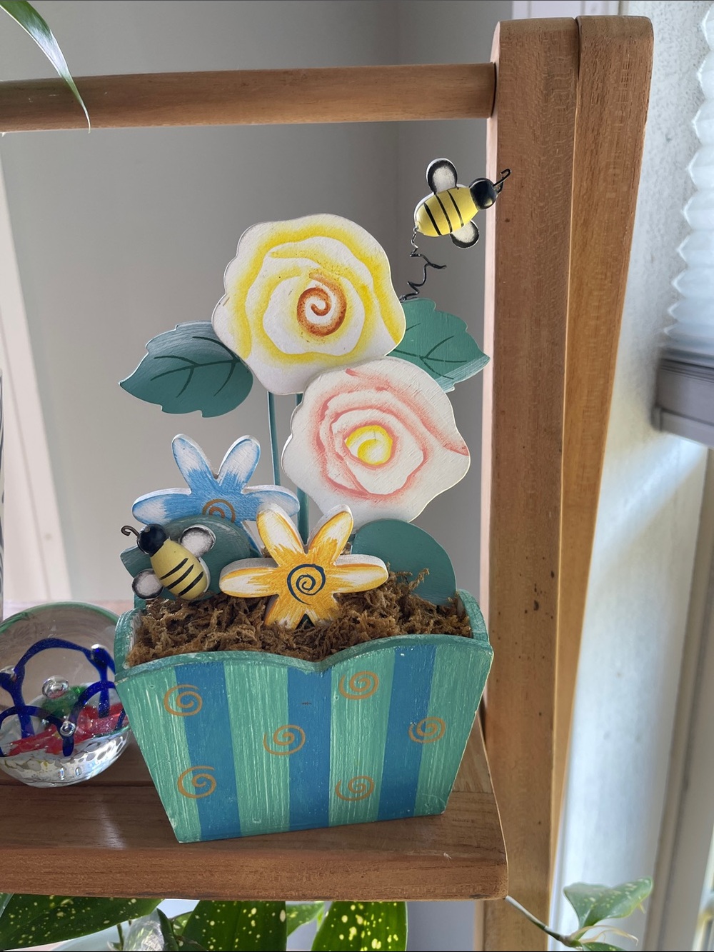 Handpainted Yellow & Pink Floral Pot with Bees - Home Accents